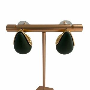 Matte Dark Green and Goldtone Teardrop Drop Pierced Earrings 7/8"h x 5/8"w